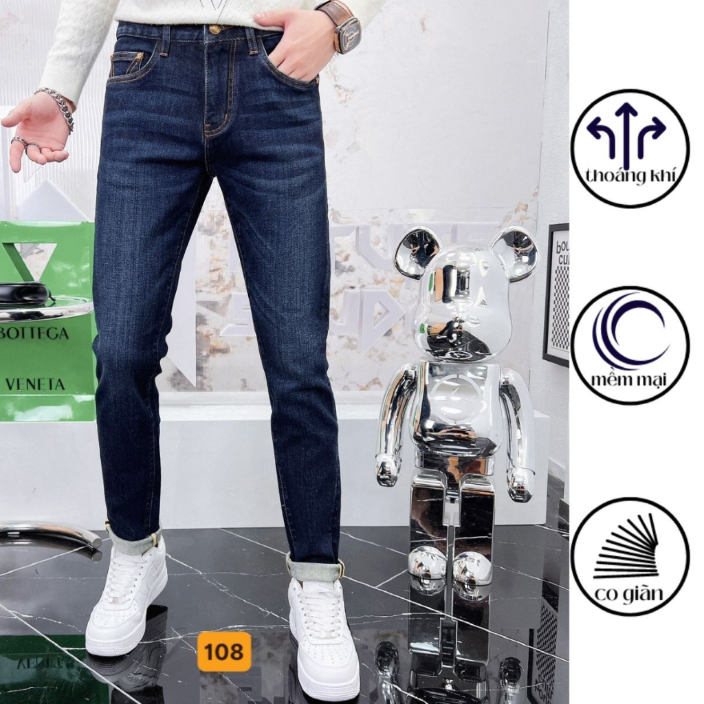 Quần jeans nam màu xanh đậm, chất jeans co giãn nhẹ, quần bò ống côn dáng skinny