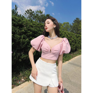 Áo Croptop Tay Phồng Phối Khoen Ngực Khóa Kim Loại Sau Lưng Màu Hồng - HOO DESIGN