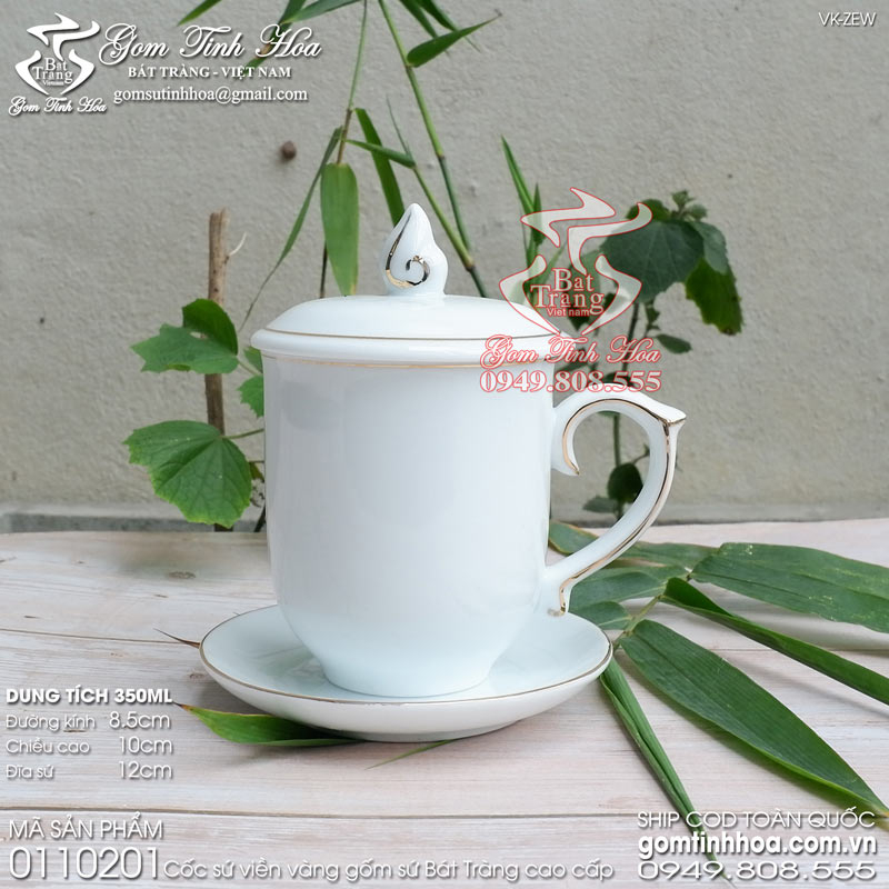 Ly cốc sứ Mẫu Đơn viền vàng gốm sứ Bát Tràng cao cấp