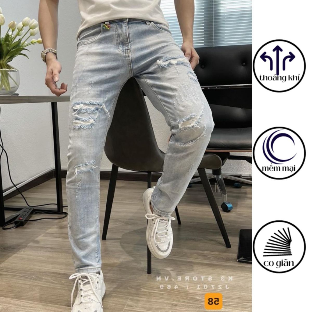 Quần jeans nam màu xanh trắng, chất jeans co giãn nhẹ, Quần bò nam ống côn dáng skinny