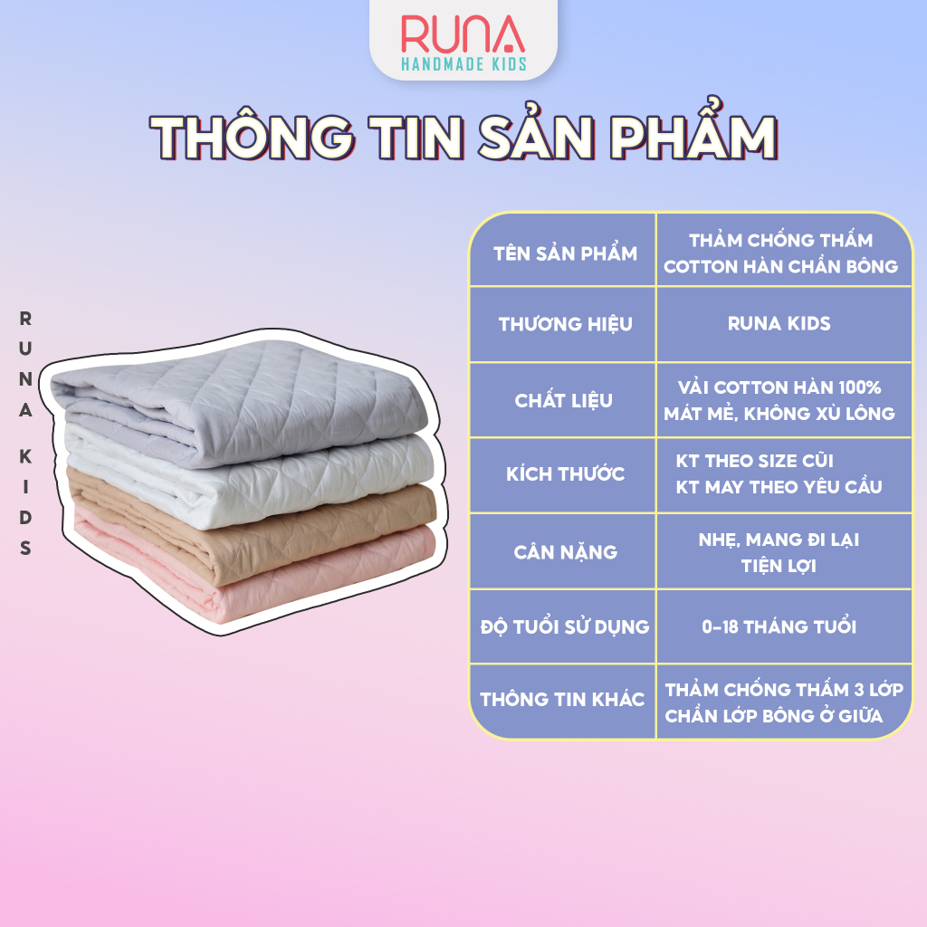 Thảm chống thấm cho bé RUNA KIDS Cotton Hàn 100% chần bông thấm hút tốt thoáng mát an toàn cho bé