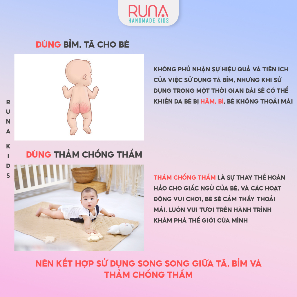 Thảm chống thấm cho bé RUNA KIDS Cotton Hàn 100% chần bông thấm hút tốt thoáng mát an toàn cho bé