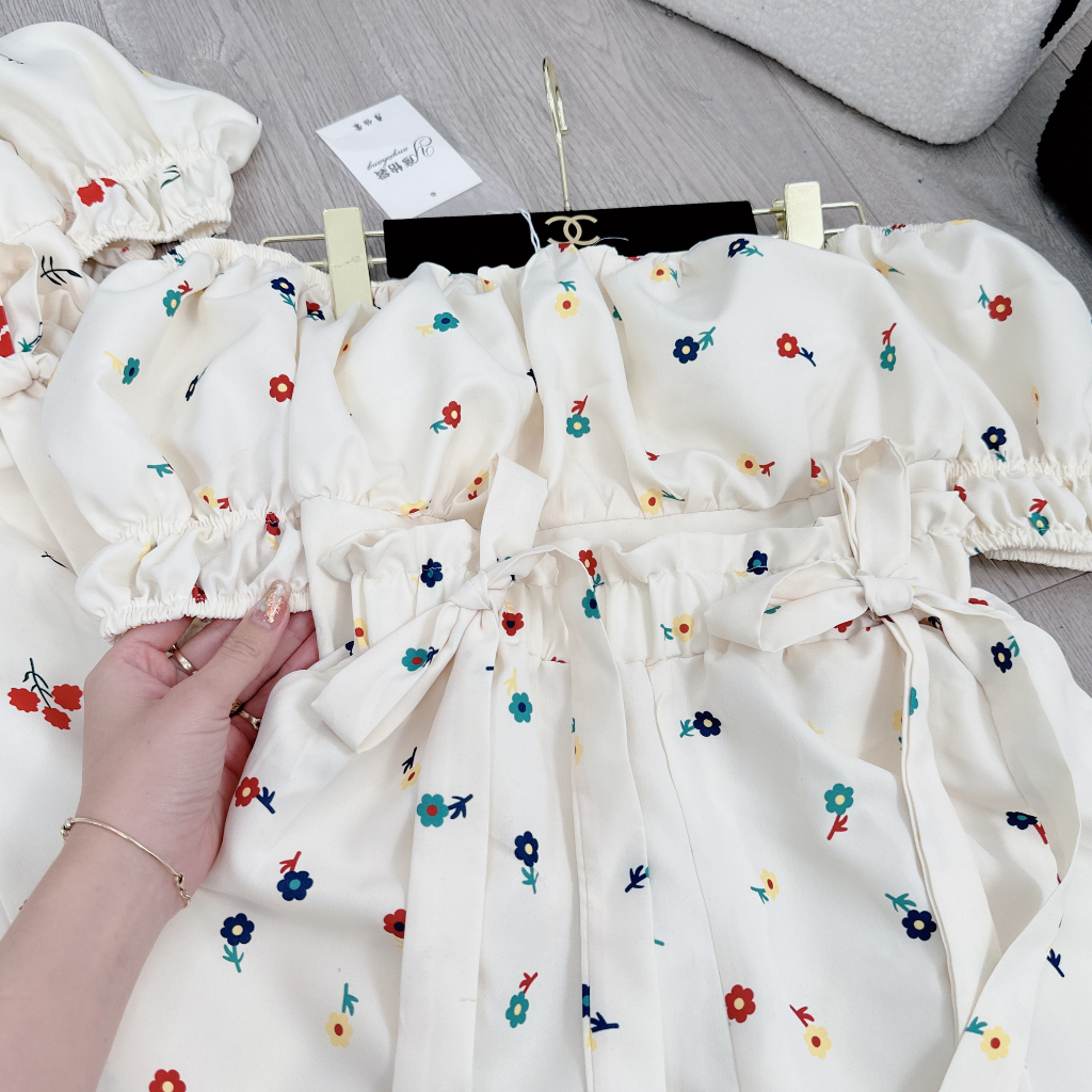 Áo cổ vuông + Quần short thắt nơ siêu xinh, Chất đũi hoa mềm mại, Thiết kế tiểu thư năng động Kim Anh Shop