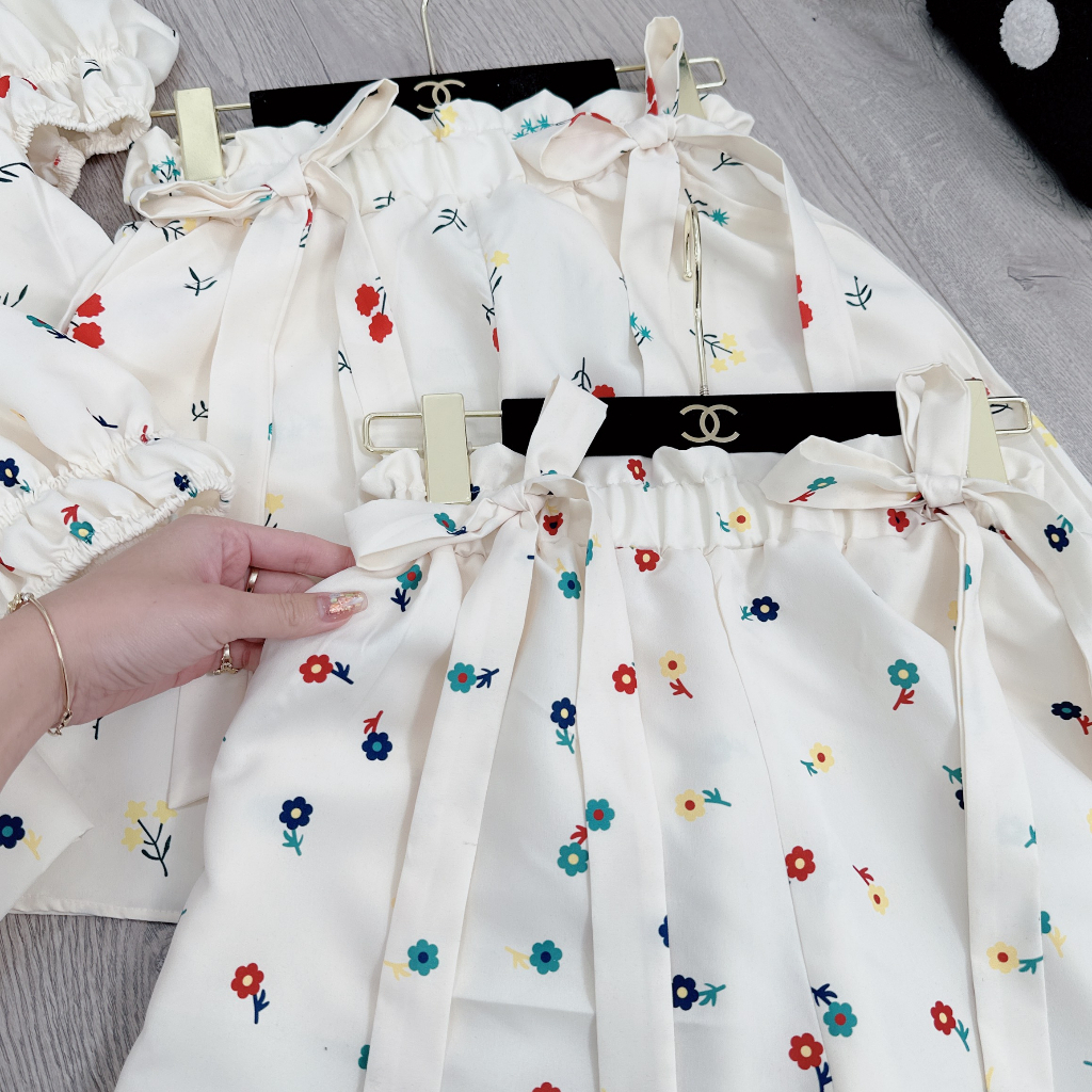 Áo cổ vuông + Quần short thắt nơ siêu xinh, Chất đũi hoa mềm mại, Thiết kế tiểu thư năng động Kim Anh Shop