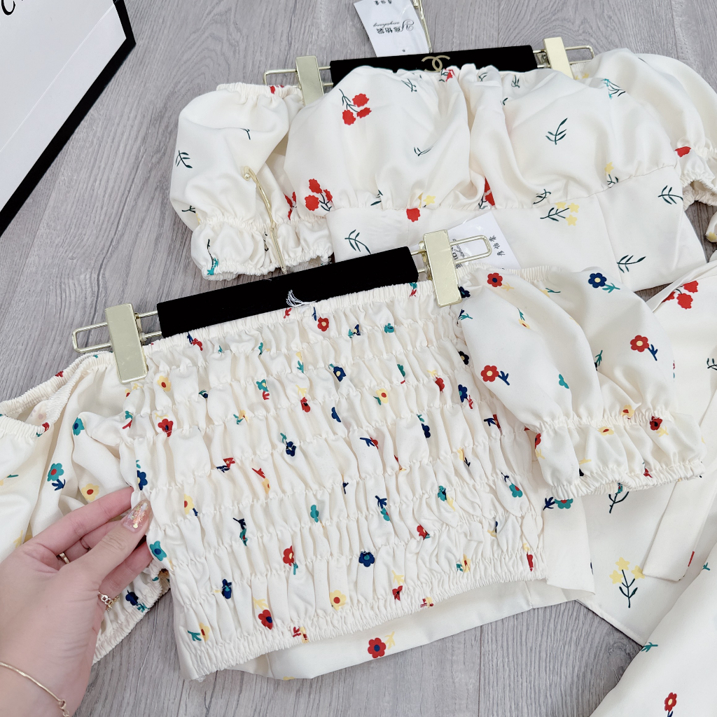 Áo cổ vuông + Quần short thắt nơ siêu xinh, Chất đũi hoa mềm mại, Thiết kế tiểu thư năng động Kim Anh Shop
