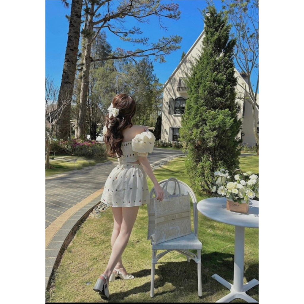 Áo cổ vuông + Quần short thắt nơ siêu xinh, Chất đũi hoa mềm mại, Thiết kế tiểu thư năng động Kim Anh Shop