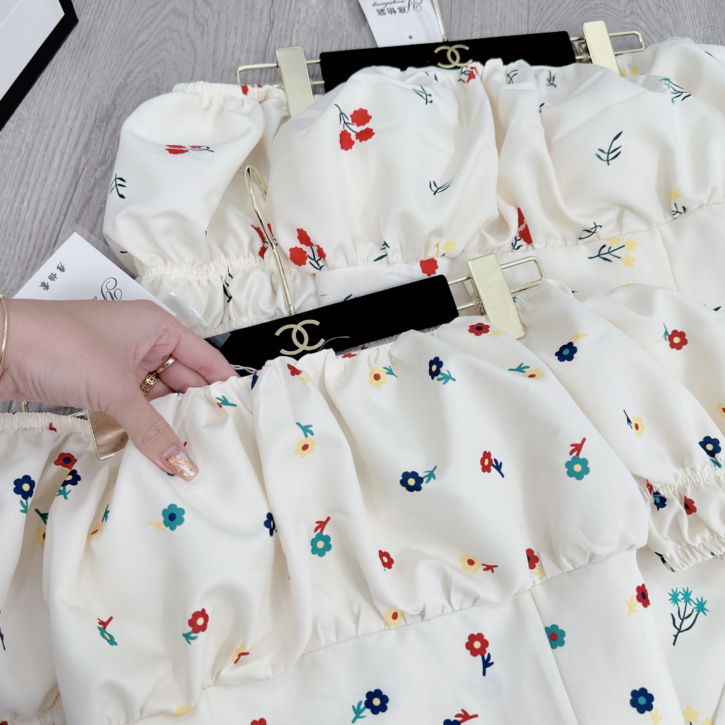 Áo cổ vuông + Quần short thắt nơ siêu xinh, Chất đũi hoa mềm mại, Thiết kế tiểu thư năng động Kim Anh Shop