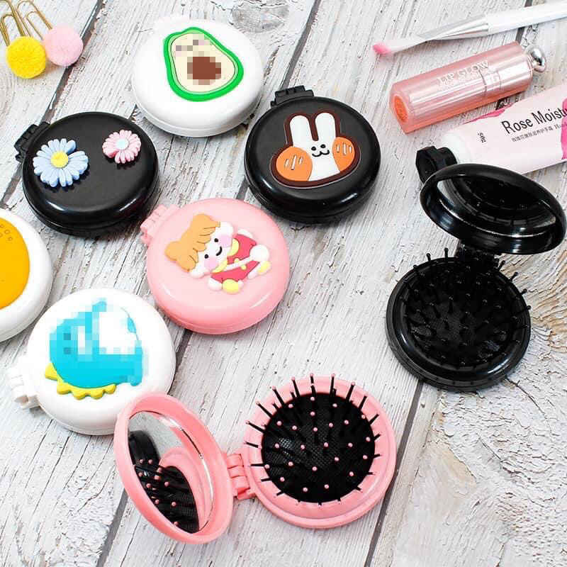 Lược kèm gương tay cầm hình thú - Lược mini bỏ túi chống rụng tóc, chải tóc xoăn, massage đầu dành cho nữ