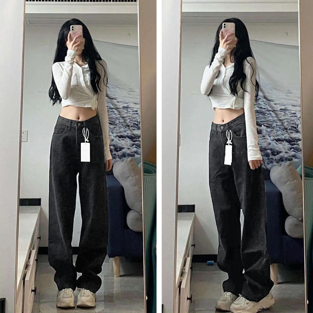 Quần Jeans Nữ Ống Rộng Lưng Cao Dáng Suông MINA, Quần bò style Đường phố mẫu mới nhất 2023