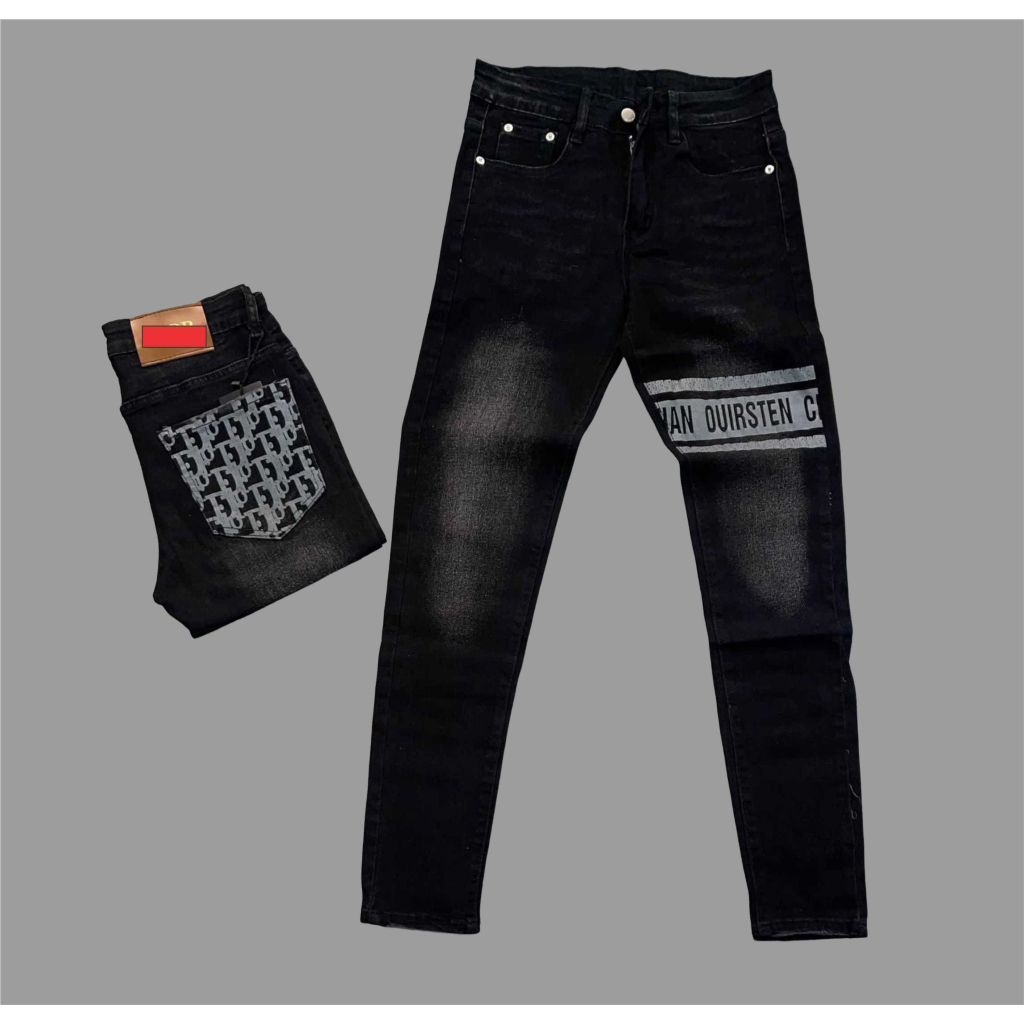 Quần jean nam màu đen cao cấp phối họa tiết in trước sau cực đẹp hot trend chất vải bò denim co giãn mẫu y hình