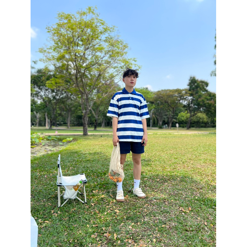 ÁO Polo sọc trắng + xanh