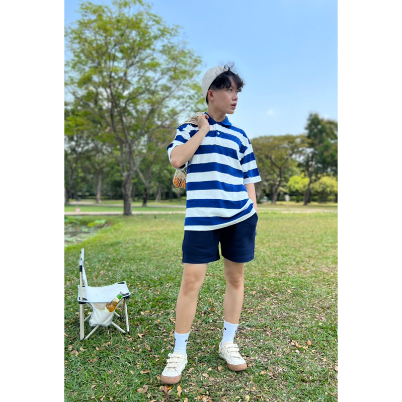 ÁO Polo sọc trắng + xanh