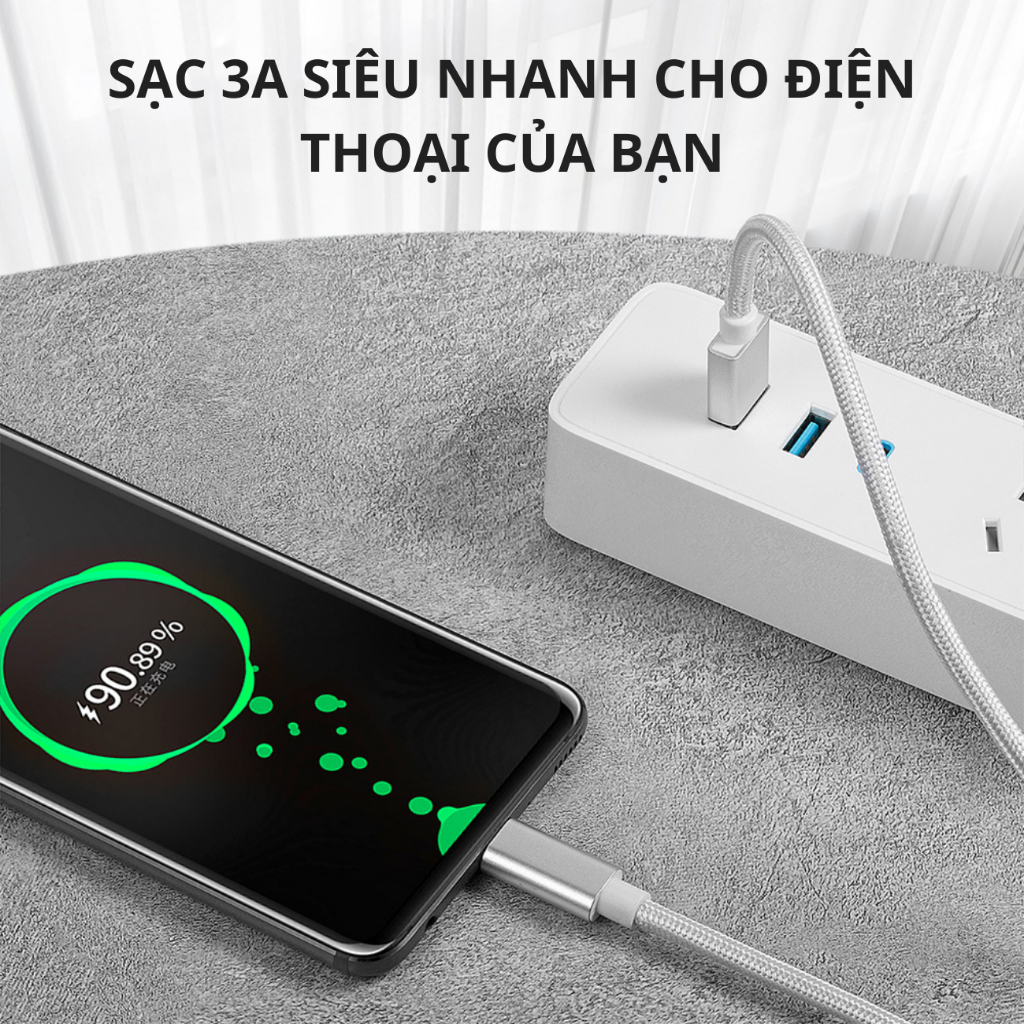 Dây cáp sạc nhanh 60W type C công suất lớn cho điện thoại máy tính bảng xiaomi, oppo, samsung dài 1 mét bọc dù siêu bền.