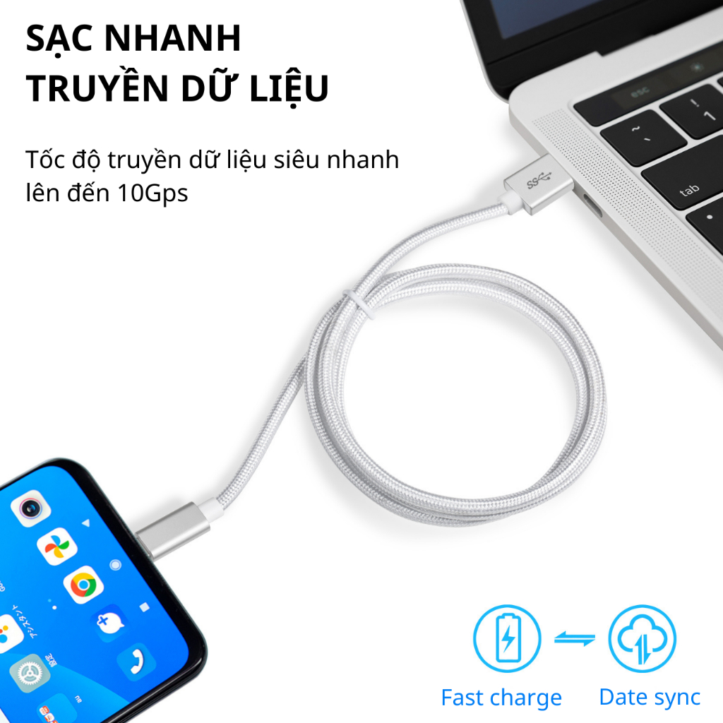 Dây cáp sạc nhanh 60W type C công suất lớn cho điện thoại máy tính bảng xiaomi, oppo, samsung dài 1 mét bọc dù siêu bền.