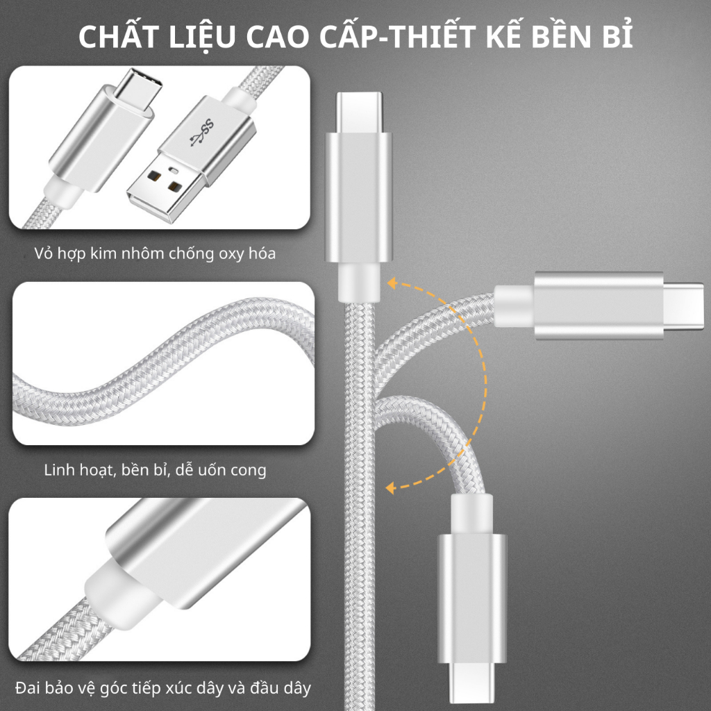 Dây cáp sạc nhanh 60W type C công suất lớn cho điện thoại máy tính bảng xiaomi, oppo, samsung dài 1 mét bọc dù siêu bền.