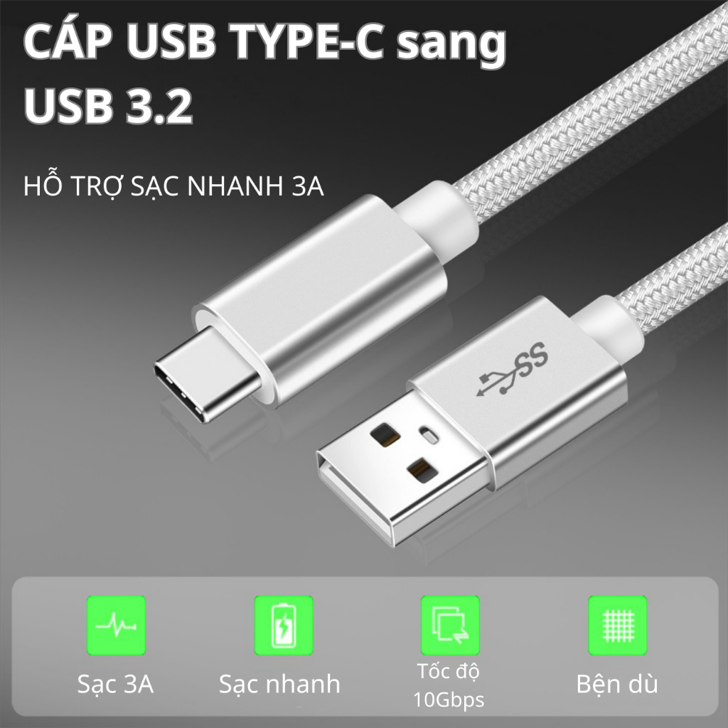 Dây cáp sạc nhanh 60W type C công suất lớn cho điện thoại máy tính bảng xiaomi, oppo, samsung dài 1 mét bọc dù siêu bền.