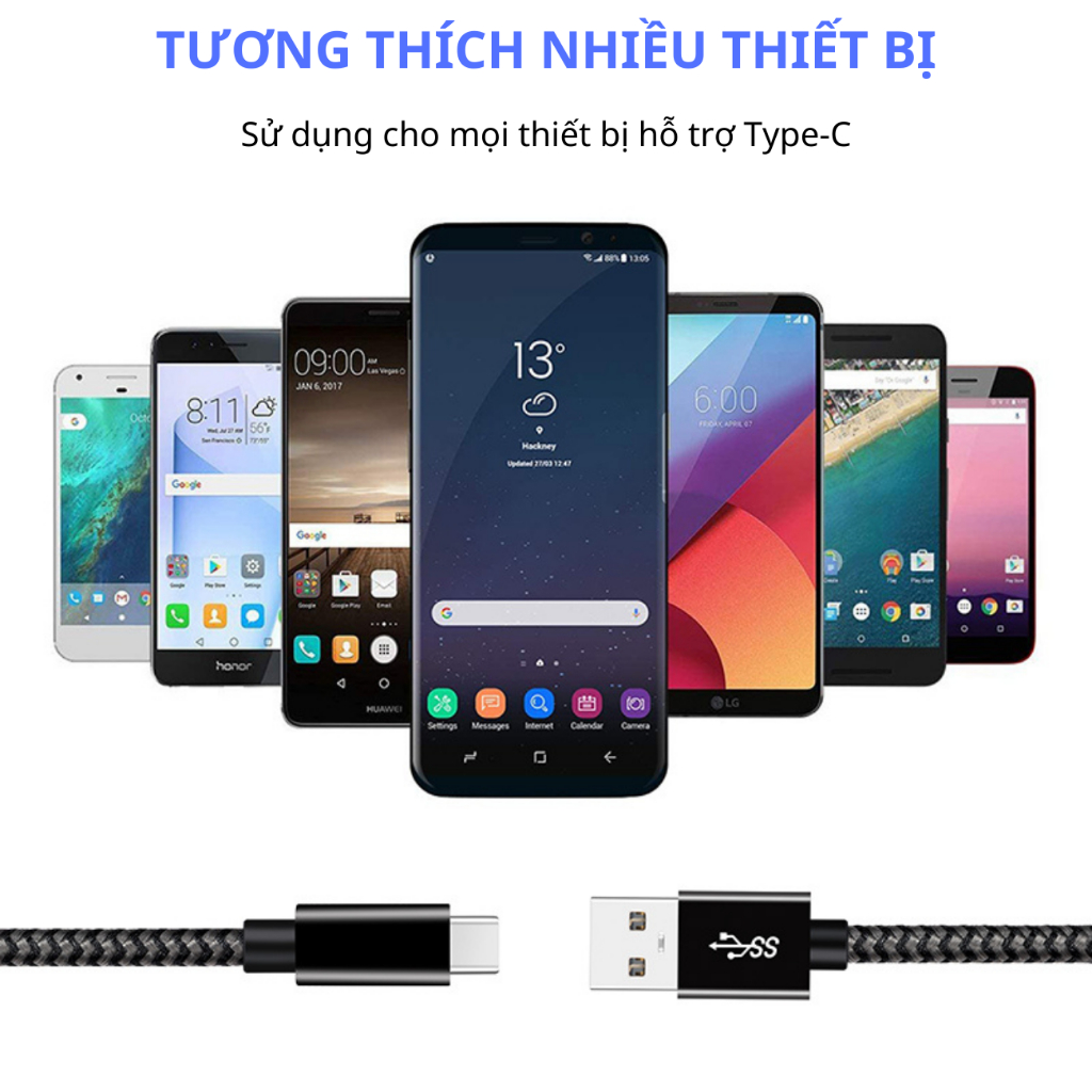 Dây cáp sạc nhanh 60W type C công suất lớn cho điện thoại máy tính bảng xiaomi, oppo, samsung dài 1 mét bọc dù siêu bền.