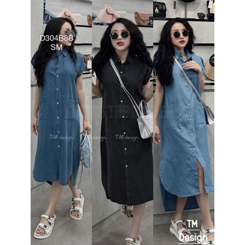 Đầm sơ mi jean suông cộc tay 2 túi ,váy bò sơ mi cổ đức dáng dài vạt bầu xẻ 2 bên | BEBEDOLL