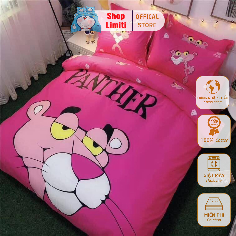 Trọn Bộ Chăn Ga Gối ( Set 4) Cotton Tina MẪU BÁO HỒNG.Siêu Cute Dễ Thương. Limiti Shop