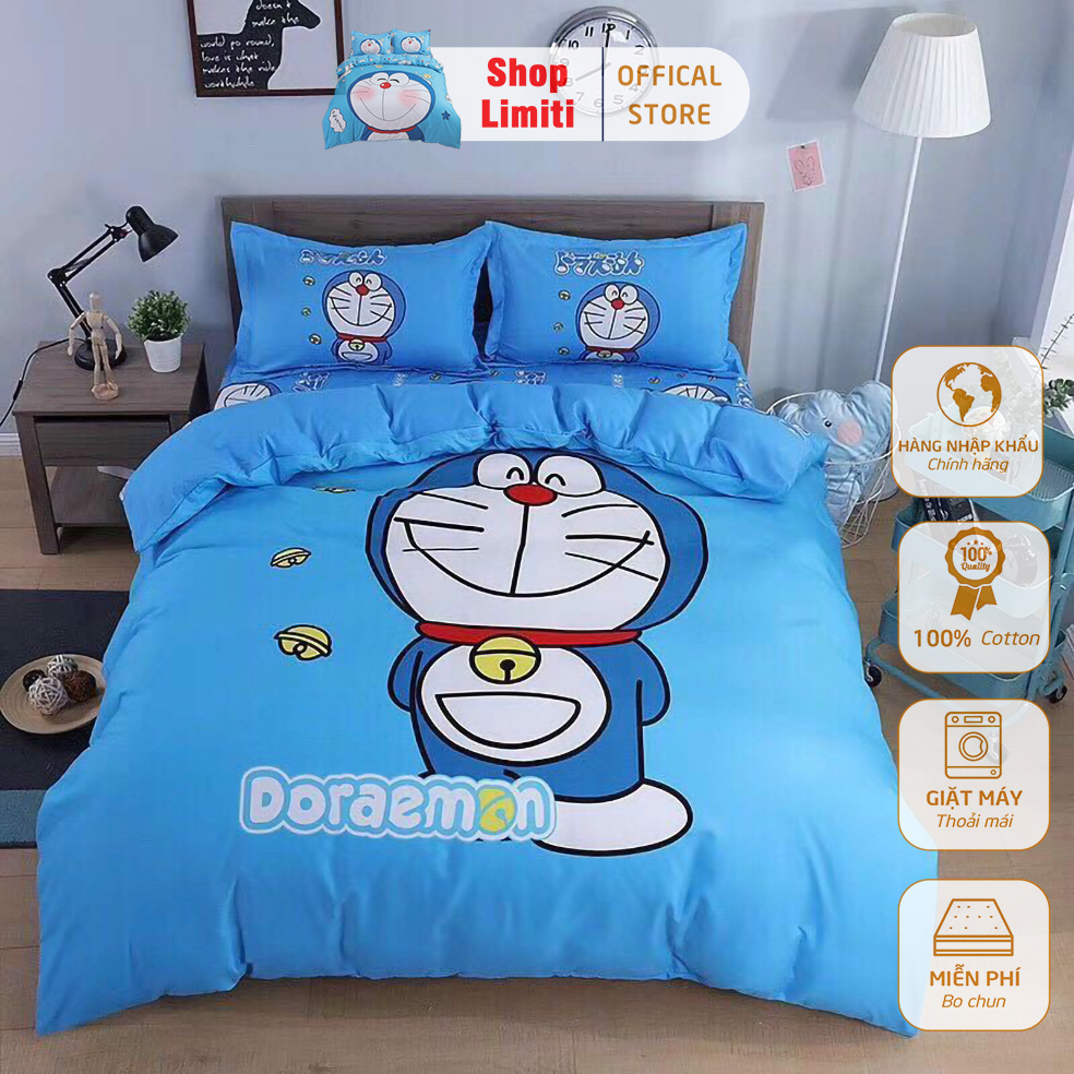 Trọn Bộ Chăn Ga Gối ( Set 4) Cotton Tina MẪU DORAEMON XANH.Siêu Cute Dễ Thương. Limiti Shop