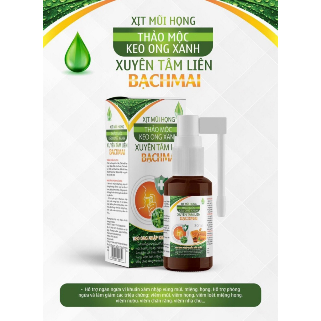 Xịt mũi họng thảo dược keo ong xanh xuyên tâm liên Bạch Mai,Hỗ trợ ngừa vi khuẩn xâm nhập vùng mũi miệng