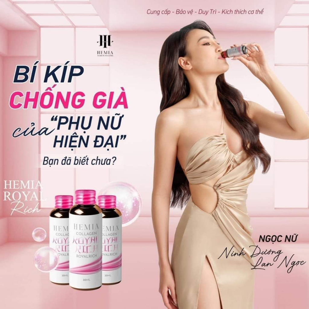 Collagen Nước Hemia Nước Uống Trắng Da Tăng Cường Nội Tiết Tố Nữ Trẻ Hoá Da, Hộp 10 Lọ, Lọ 30ml