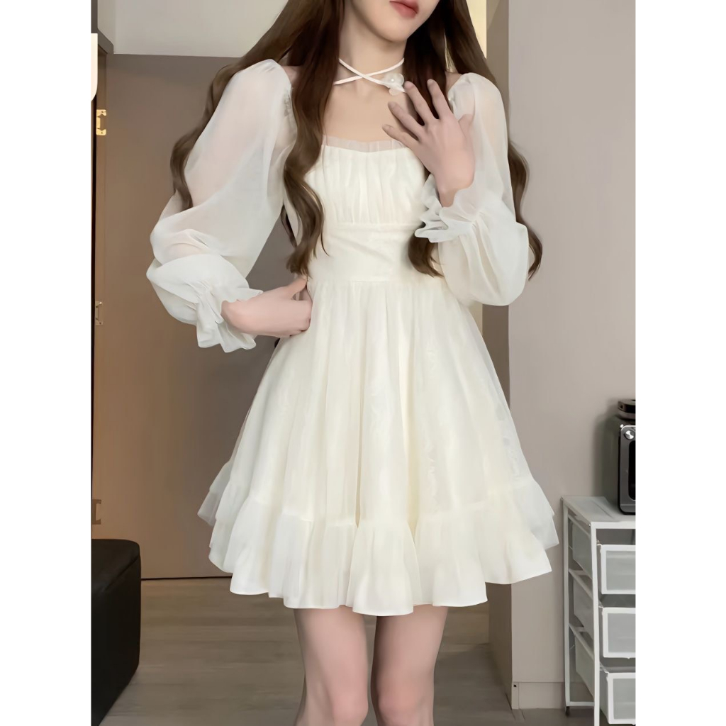 Đầm Váy Dự Tiệc Wyne Tay Bèo Tiểu Thư, Đầm Váy Babydoll Trắng Kiểu Nữ 3 Lớp Phong Cách Ngọt Ngào