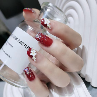  Móng giả đính đá DZ101 Bộ 24 móng tay giả đính hoa trà Set móng giả màu đỏ Mẫu nail form dài vuông Nail xinh 