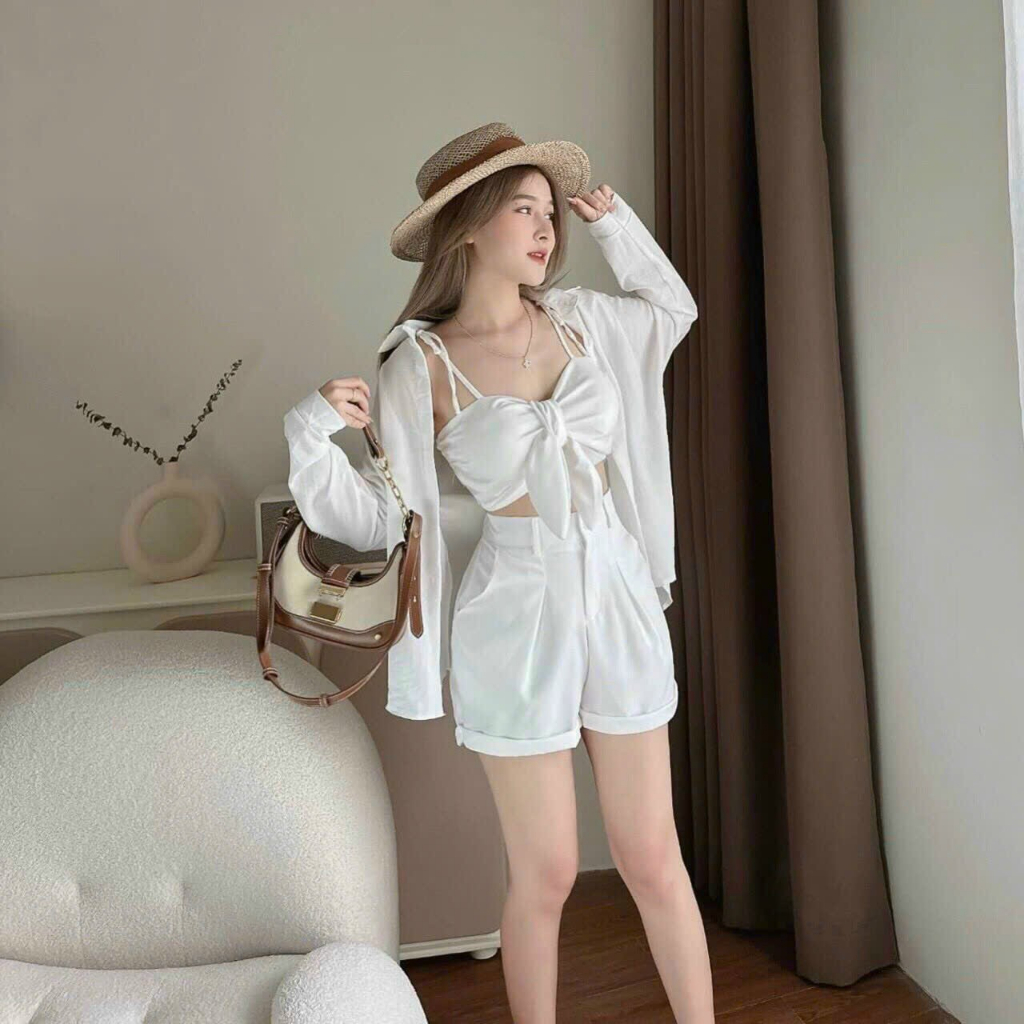 Set bộ 3 món cotton lạnh áo bra nơ mix quần ống rộng xắn gấu kèm áo khoác tay dài xinh xắn, sang chảnh thích hợp đi biển