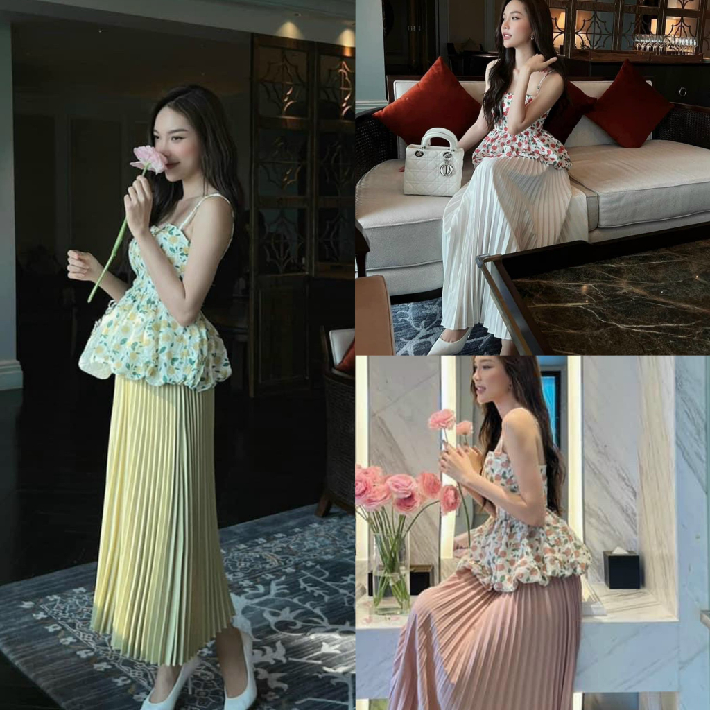 Set váy nữ chân váy dập ly kèm áo voan hoa nhí 2 dây bồng bềnh siêu xinh xắn, sang chảnh cho các nàng đi dự tiệc