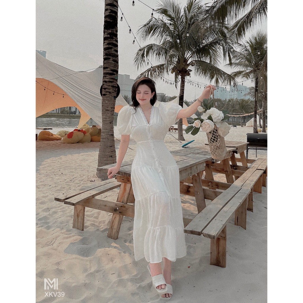 Đầm Maxi phối ren Lala - Cổ V tay phồng - Phù hợp khi đi biển, đi tiệc | XKV39 | MeiMei Studio
