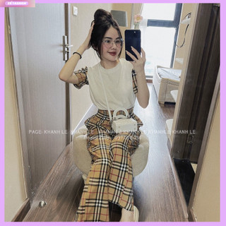 Set, bộ quần áo phông nữ chất cotton đẹp, gồm áo thun kẻ bbr và quần ống rộng