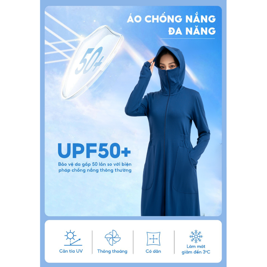 Áo chống nắng nữ Yody dáng dài chống tia UV 99% áo khoác nắng toàn thân thoáng mát thoải mái ACN6002