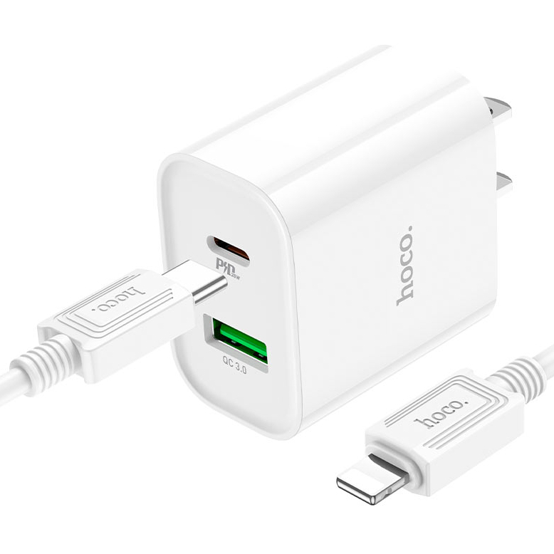 Bộ Củ + Cáp HOCO C80 Plus ( Tặng kèm cáp Type-C to IP )- Cốc Sạc 2 cổng (1 USB-A : 18W + Type-C : 20W) [Bh 12Th]