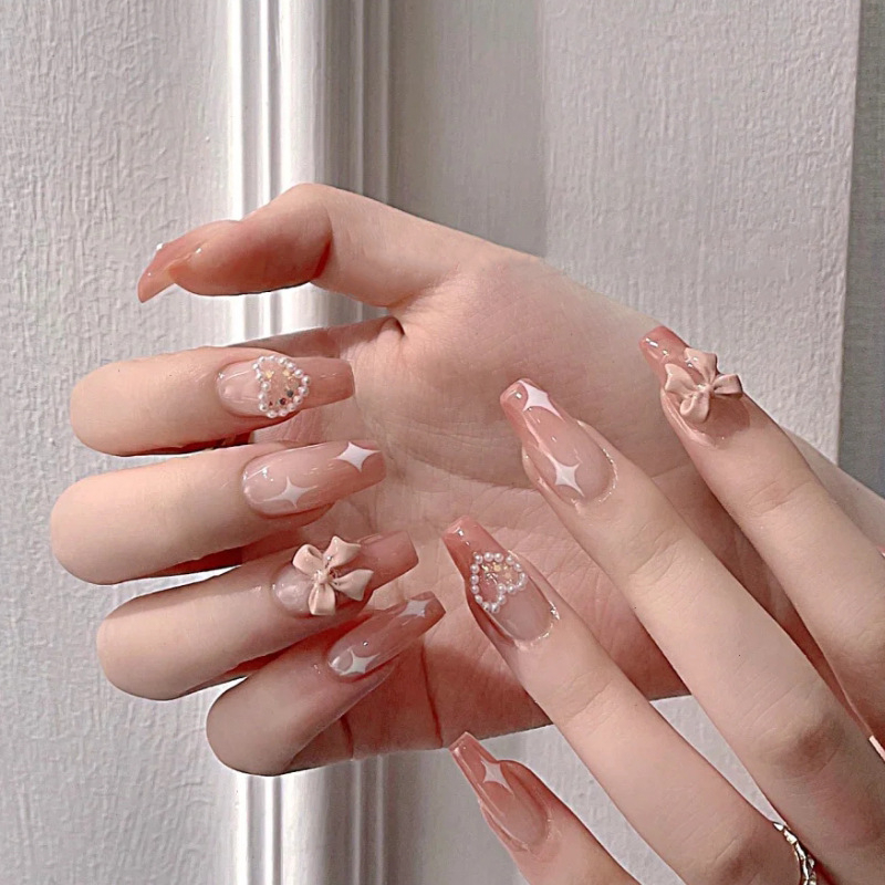 Mống tay giả đính đá dài, Bộ Móng tay giả đính nơ LF031, Nail box đính đá, Nail xinh