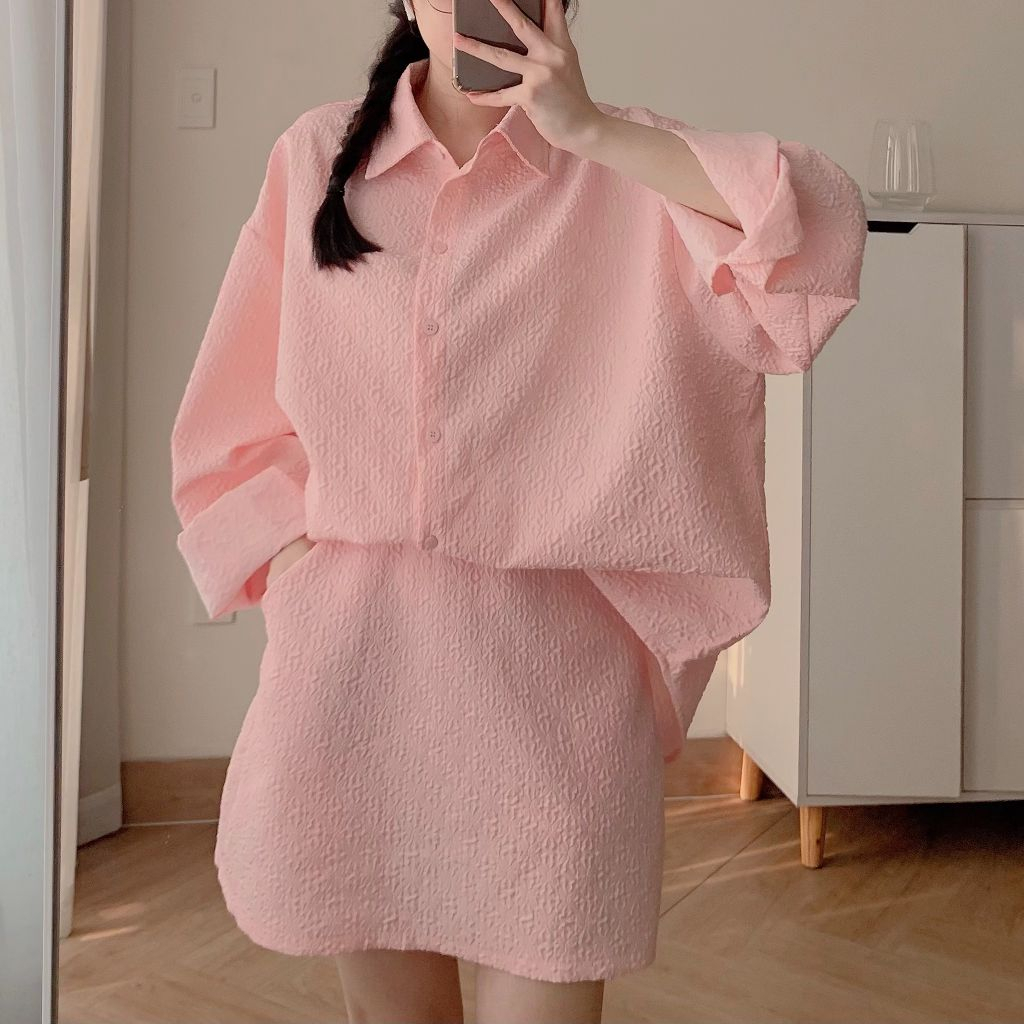 Set Bộ Đi Chơi Nữ JEMCLOSET Áo Sơ Mi Kèm Chân Váy Chữ A Cực Xinh TIMI - 8156