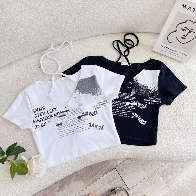 áo croptop cổ tim kèm dây buộc có thể sáng tạo để buộc thành nhiều kiểu cd18