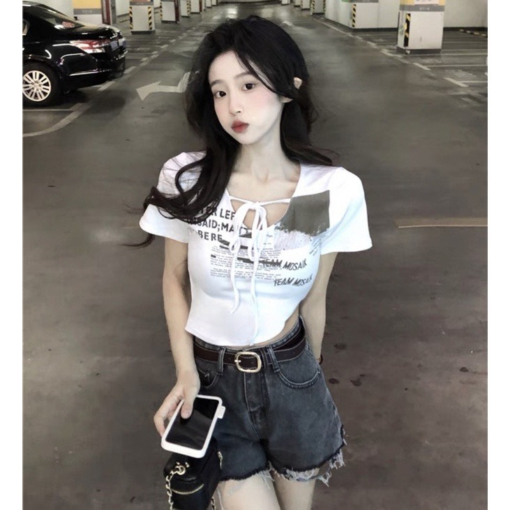 áo croptop cổ tim kèm dây buộc có thể sáng tạo để buộc thành nhiều kiểu cd18