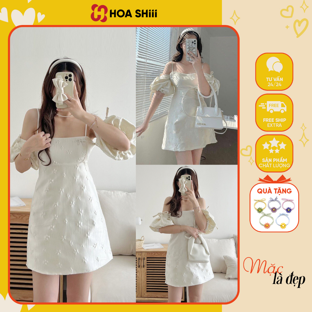 Váy thiết kế hai dây chất Gấm Hoa Nổi Tay Bồng Kèm Tang Nơ Đá Tiểu Thư Có Ảnh Thật sẵn hàng kèm video