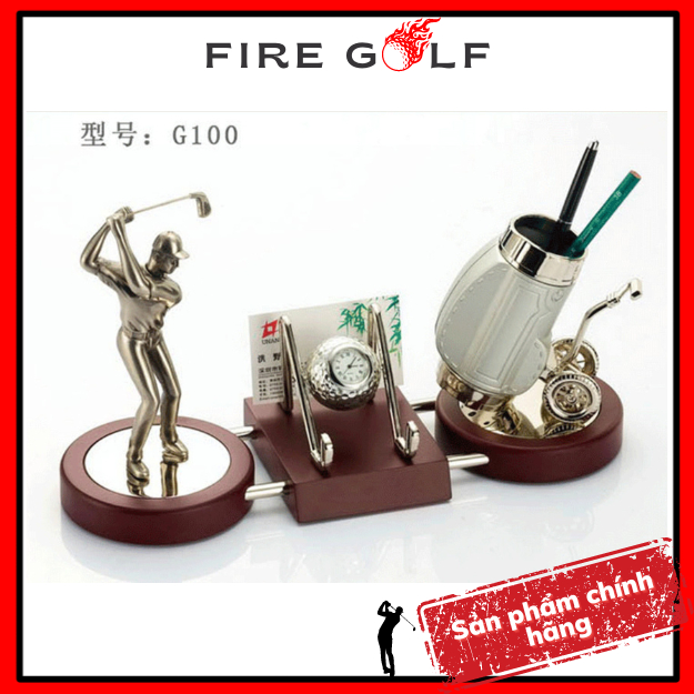 Bộ đồng hồ kèm ống cắm bút túi golf để bàn G100 - Quà tặng golf - Đồ lưu niệm golf sang trọng