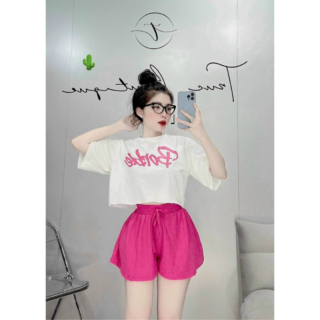Do mac nha Set đồ mặc nhà thun gân thêu chữ Borbie, quần cạp chun phối áo croptop xinh xắn thời trang