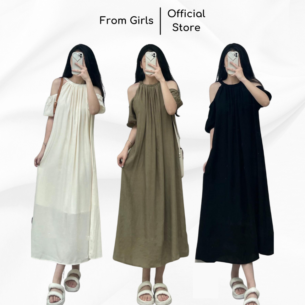 Váy maxi hở vai, đầm maxi 2 lớp dáng rộng mát mịn