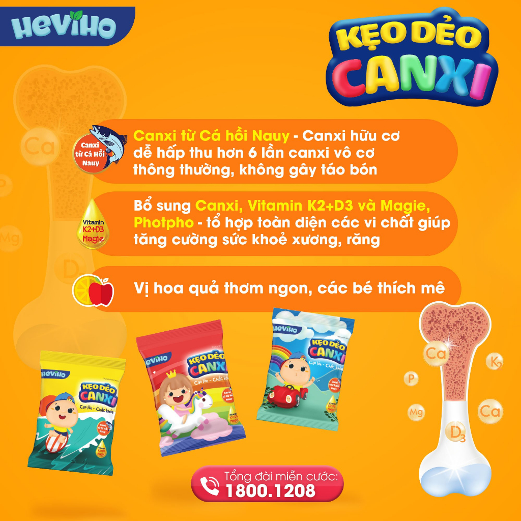 Kẹo dẻo Heviho - Bổ sung Canxi, DHA, Immune - Bé cao lớn, thông minh, tăng đề kháng vượt trội - 1 dây 10 gói