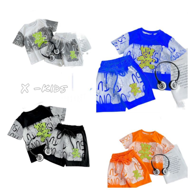 Sét bộ cotton loang bé trai áo phông gấu dập nổi sành điệu sz từ 8 đến 28kg