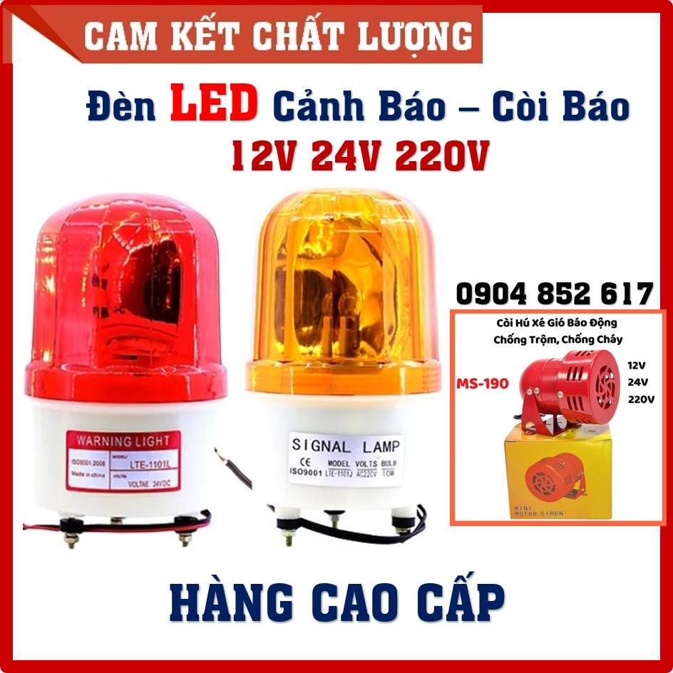 Đèn LED cảnh báo quay có / không còi, Còi hú báo động chống cháy, chống trộm 12V 24V 220V màu Đỏ, Đèn công trường LTE