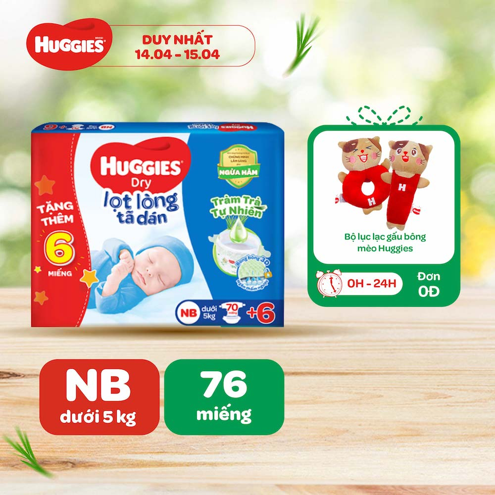 Tã dán lọt lòng Huggies Dry NB 70 miếng + tặng 6 miếng:Chính Hãng