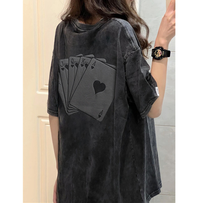 Suzzin Áo poker đôi phong cách unisex retro Mỹ đen xám A1026