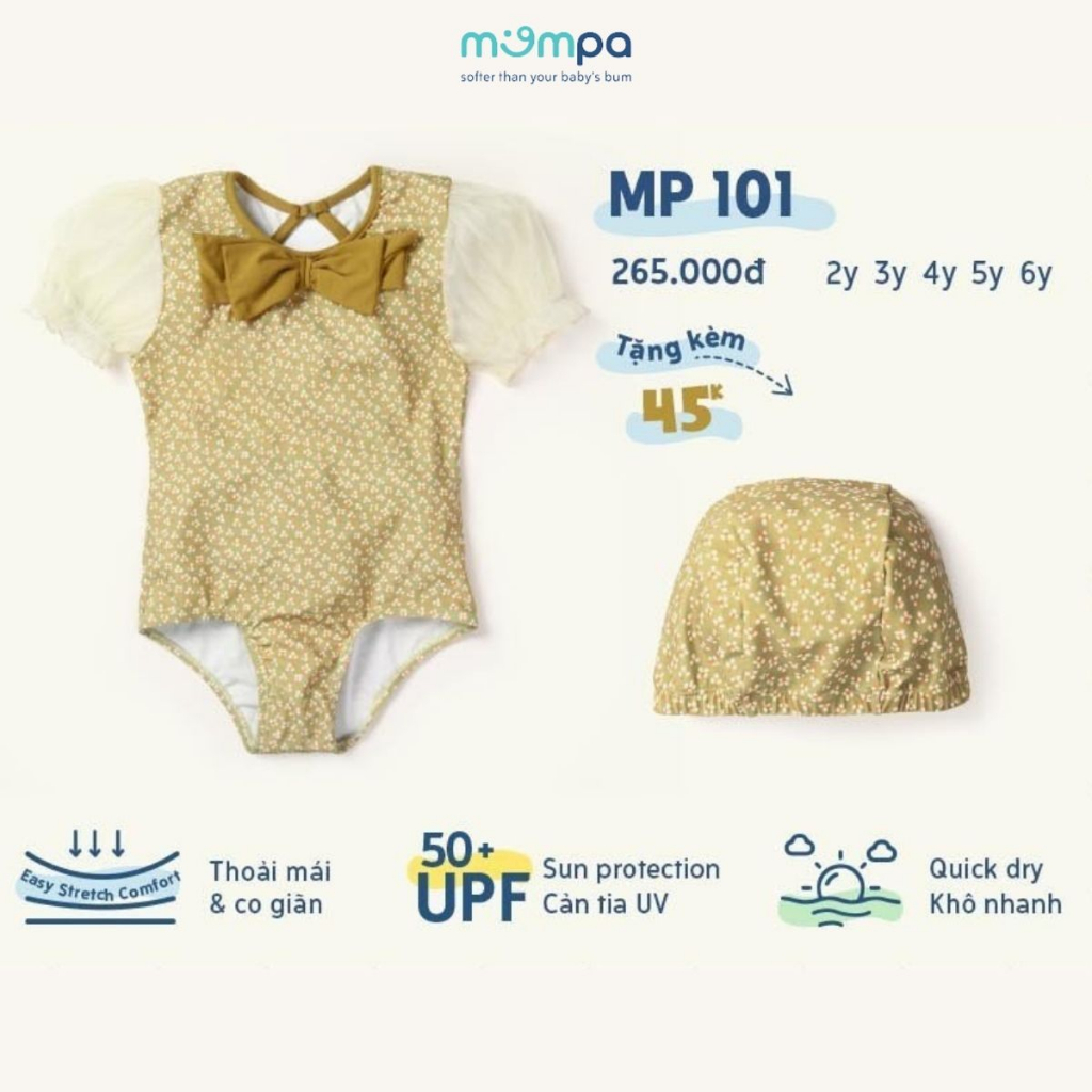 Đồ bơi bé gái Mompa 2-6 tuổi bộ Bikini tặng kèm mũ bơi vải Cotton thoáng mát mềm mát thấm hút nhanh khô 100 101 102