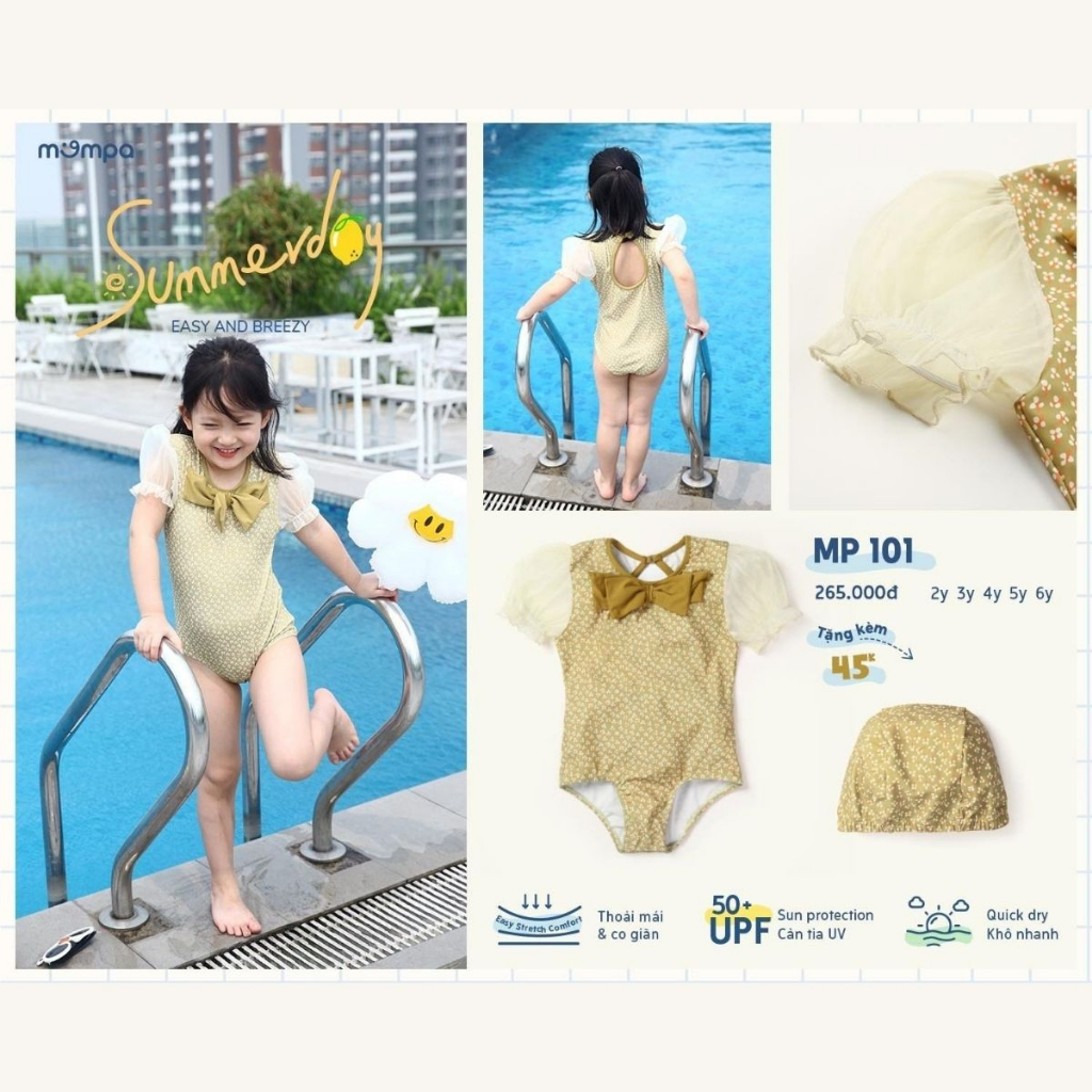 Đồ bơi bé gái Mompa 2-6 tuổi bộ Bikini tặng kèm mũ bơi vải Cotton thoáng mát mềm mát thấm hút nhanh khô 100 101 102