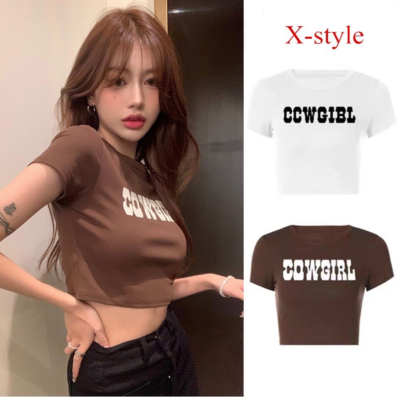 áo thun tay ngắn dáng ôm in chữ cowgirl kiểu dễ thương cho nữ cg32